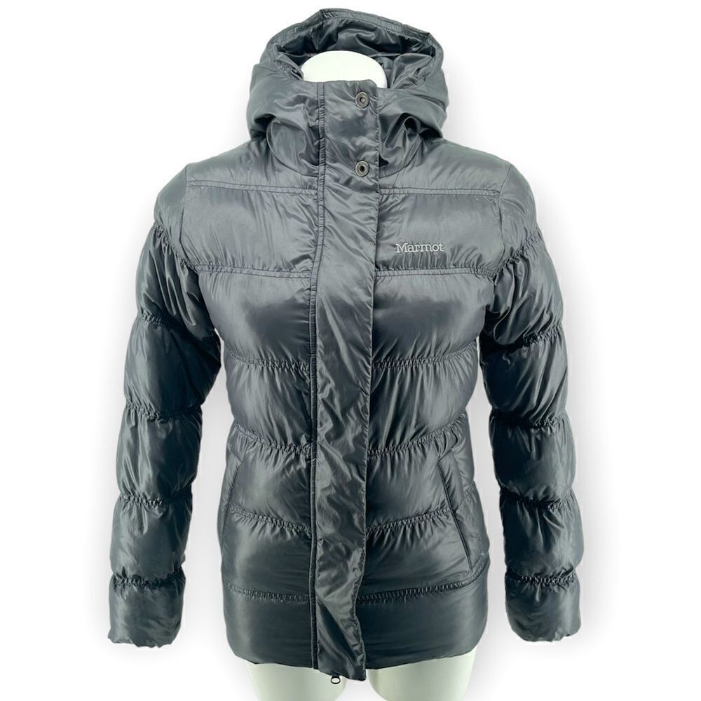 Marmot 650 Goose Down Fill Women’s Gray Full Zip Hooded Puffer Jacket Coat XS